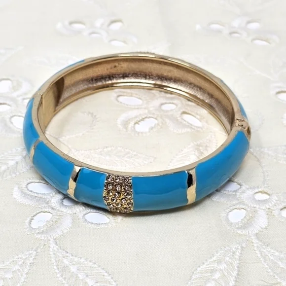 LANDAU Gold Clear Rhinestone and Blue Hinged Bangle Bracelet - Picture 4 of 5